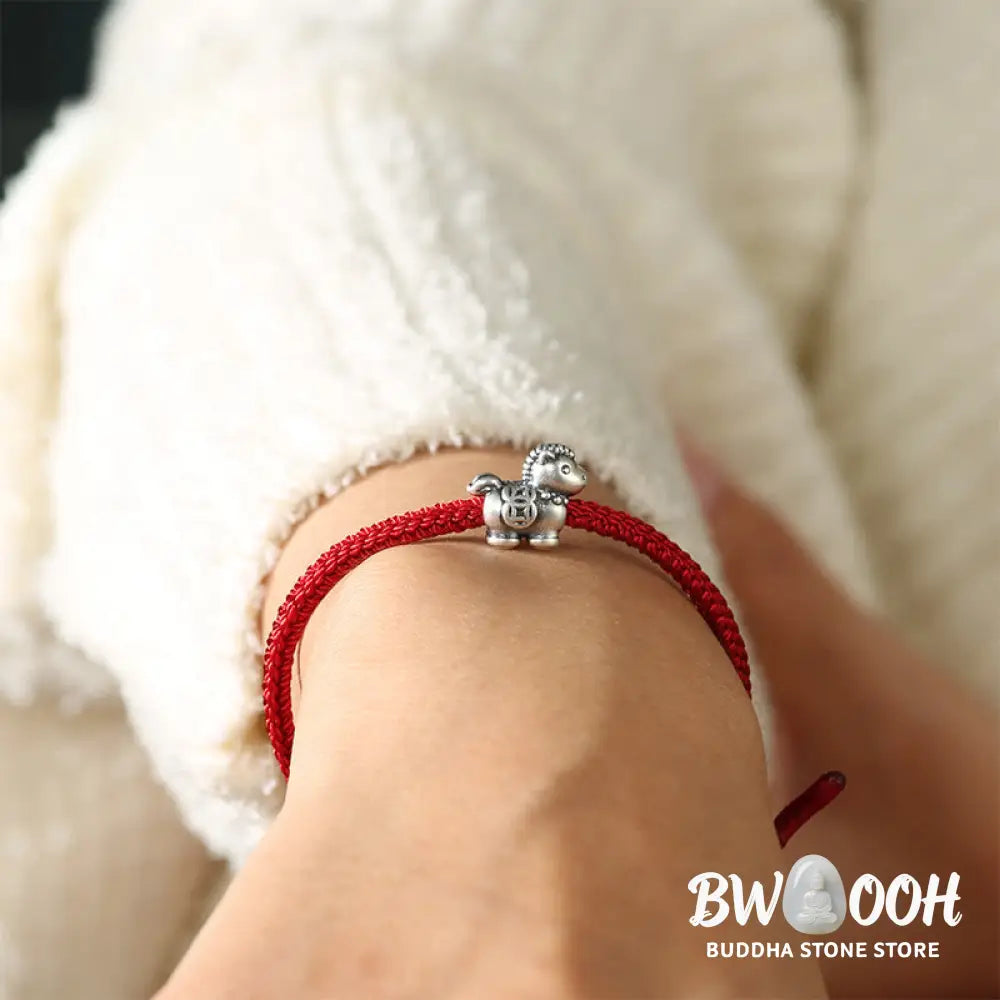 Buddha Stones Year of the Horse 999 Sterling Silver Red String Copper Coins Braided Luck Bracelet - Horse(Wrist