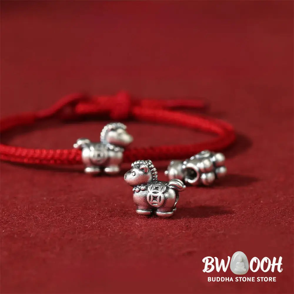 Buddha Stones Year of the Horse 999 Sterling Silver Red String Copper Coins Braided Luck Bracelet - Horse(Wrist