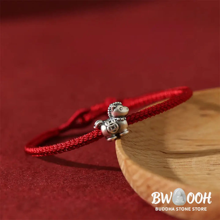 Buddha Stones Year of the Horse 999 Sterling Silver Red String Copper Coins Braided Luck Bracelet - Horse(Wrist