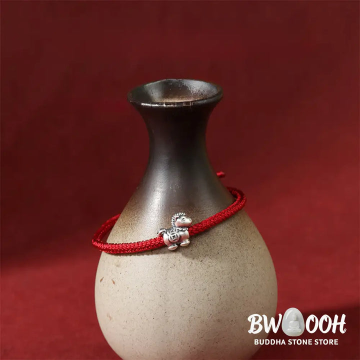 Buddha Stones Year of the Horse 999 Sterling Silver Red String Copper Coins Braided Luck Bracelet - Horse(Wrist