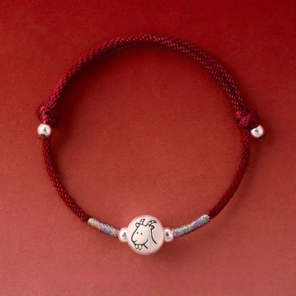 Buddha Stones Year of the Horse 999 Sterling Silver Red String Luck Bracelet - Goat DarkRed String(Wrist Circumference: