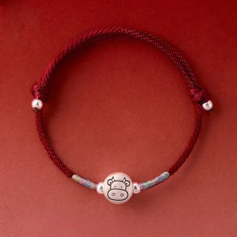 Buddha Stones Year of the Horse 999 Sterling Silver Red String Luck Bracelet - Ox DarkRed String(Wrist Circumference: