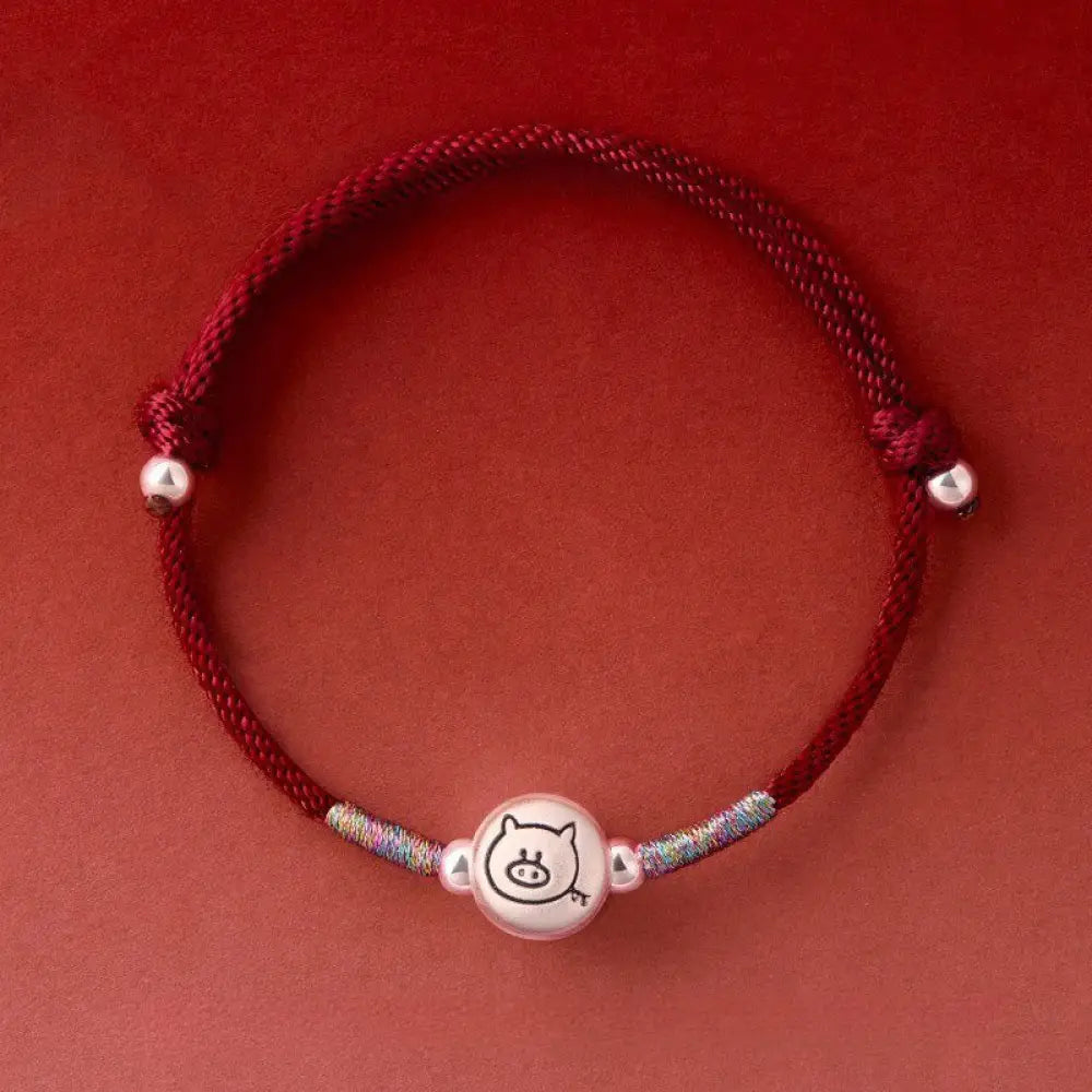Buddha Stones Year of the Horse 999 Sterling Silver Red String Luck Bracelet - Pig DarkRed String(Wrist Circumference: