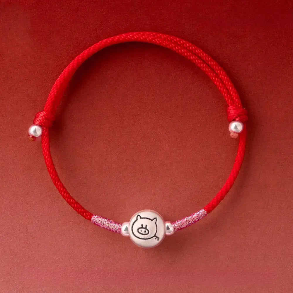 Buddha Stones Year of the Horse 999 Sterling Silver Red String Luck Bracelet - Pig Red String(Wrist Circumference: