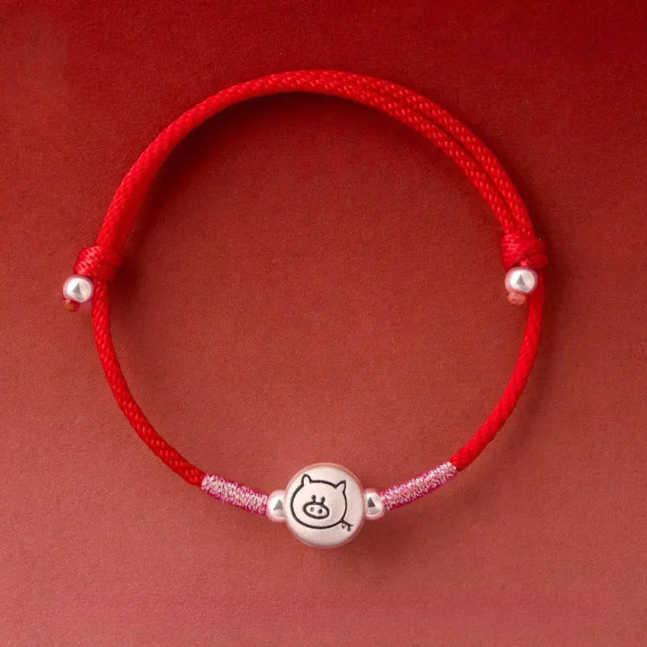 Buddha Stones Year of the Horse 999 Sterling Silver Red String Luck Bracelet - Pig Red String(Wrist Circumference: