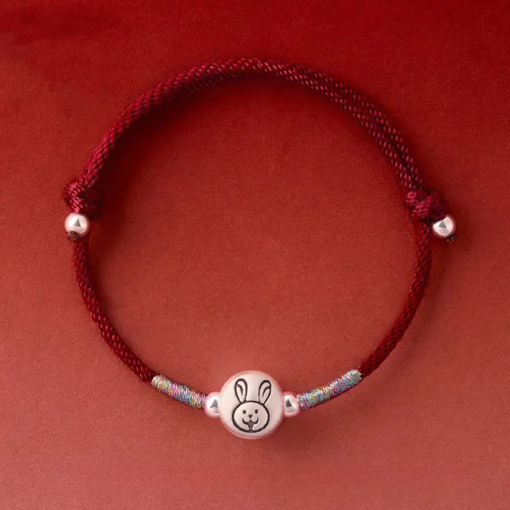 Buddha Stones Year of the Horse 999 Sterling Silver Red String Luck Bracelet - Rabbit DarkRed String(Wrist