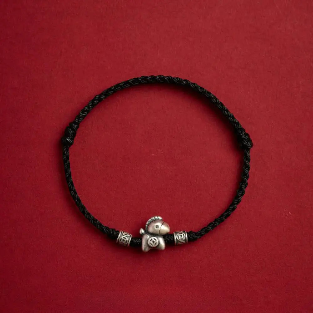 Buddha Stones Year of the Horse 999 Sterling Silver String Braided Protection Bracelet - Black(Wrist Circumference