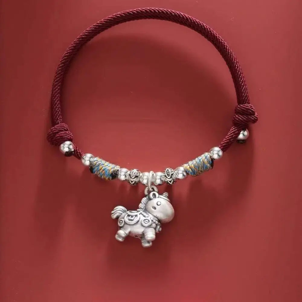 Buddha Stones Year of the Horse 999 Sterling Silver String Braided Protection Bracelet - Copper Coins Dark Red(Wrist