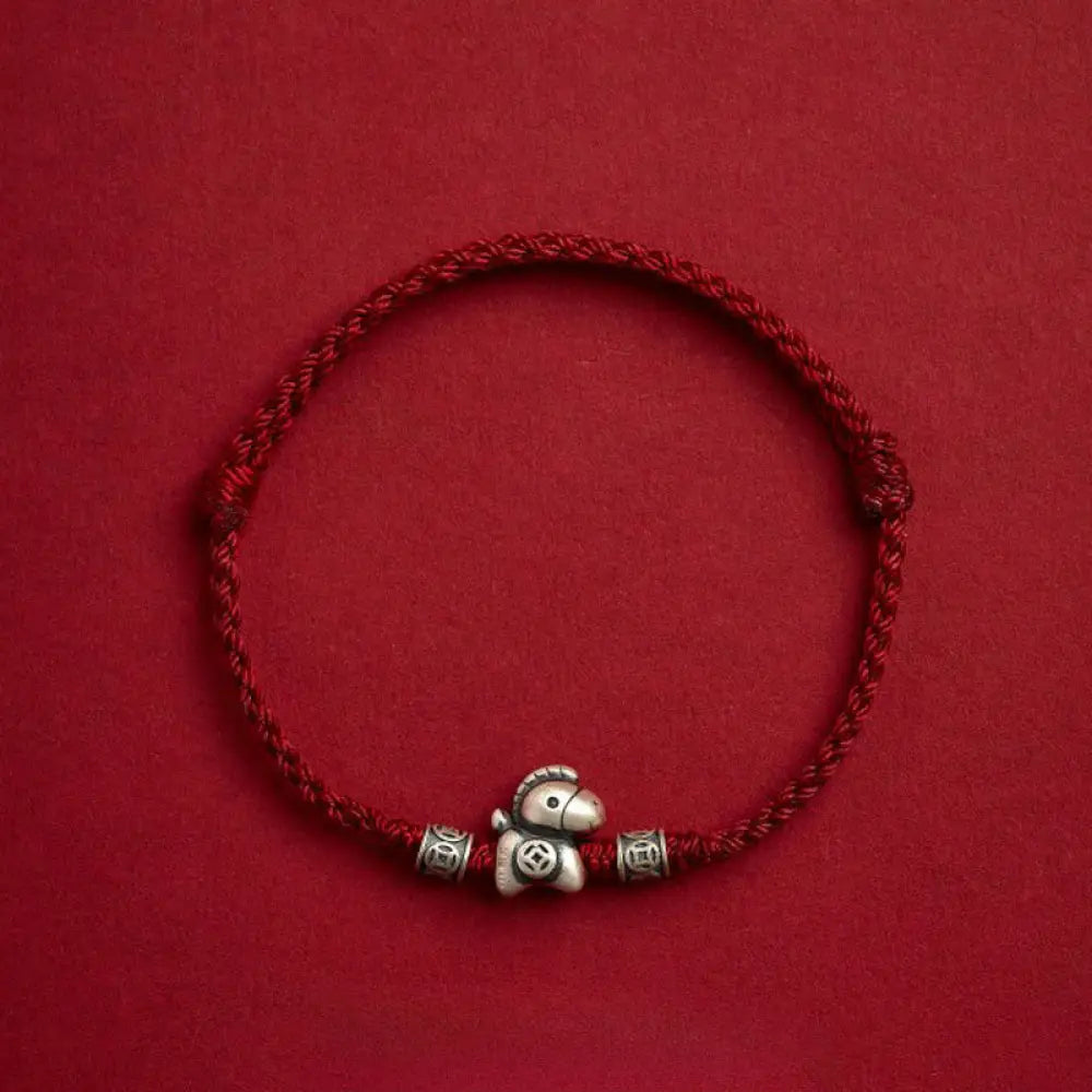 Buddha Stones Year of the Horse 999 Sterling Silver String Braided Protection Bracelet - Dark Red(Wrist Circumference