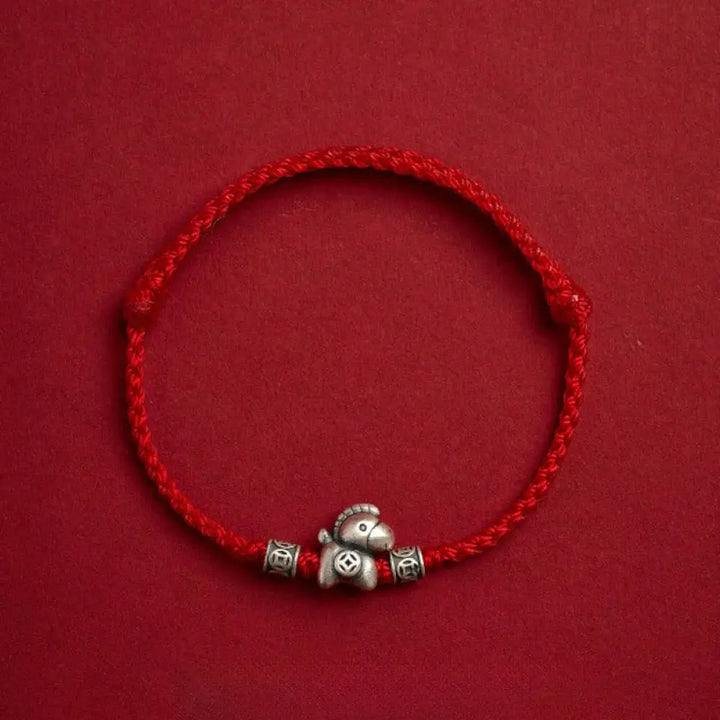 Buddha Stones Year of the Horse 999 Sterling Silver String Braided Protection Bracelet - Red(Wrist Circumference