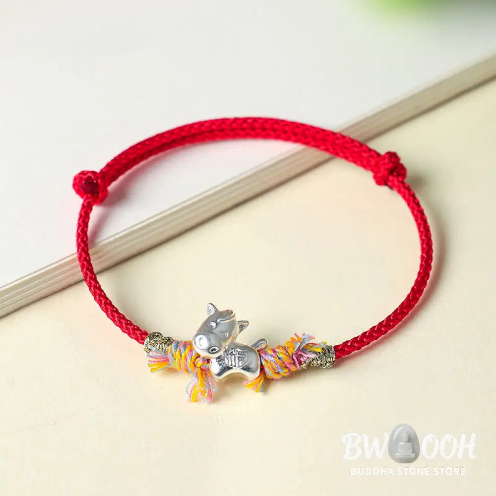 Buddha Stones Year of the Horse 999 Sterling Silver Winged Horse Fu Character Red String Luck Bracelet - Bracelet