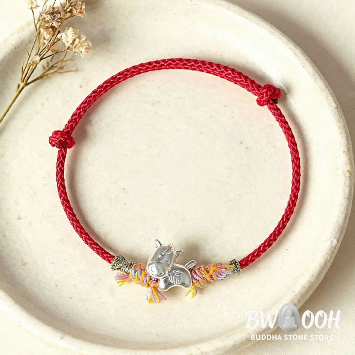 Buddha Stones Year of the Horse 999 Sterling Silver Winged Horse Fu Character Red String Luck Bracelet - Bracelet