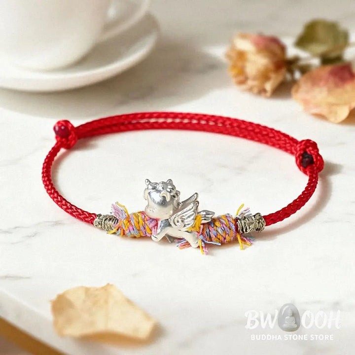 Buddha Stones Year of the Horse 999 Sterling Silver Winged Horse Fu Character Red String Luck Bracelet - Bracelet
