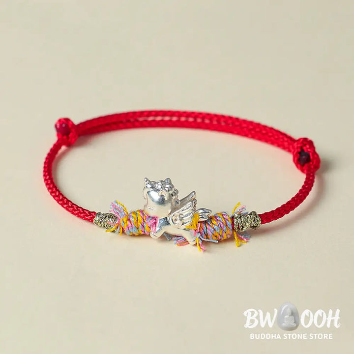 Buddha Stones Year of the Horse 999 Sterling Silver Winged Horse Fu Character Red String Luck Bracelet - Bracelet
