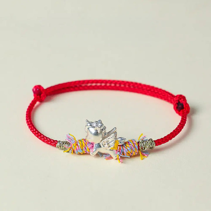 Buddha Stones Year of the Horse 999 Sterling Silver Winged Horse Fu Character Red String Luck Bracelet - Winged