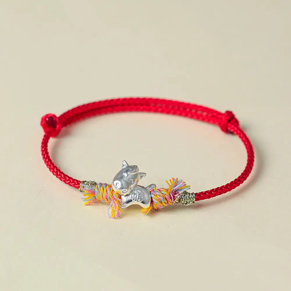 Buddha Stones Year of the Horse 999 Sterling Silver Winged Horse Fu Character Red String Luck Bracelet - Horse(Wrist