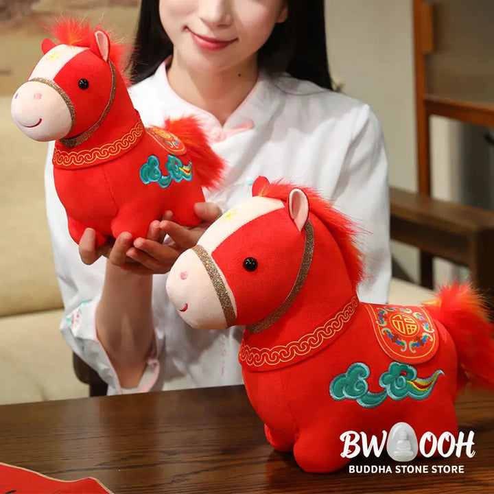 Buddha Stones Year Of The Horse Auspicious Cloud Pattern Stuffed Red Pony Plush Doll Home Decoration - Decorations