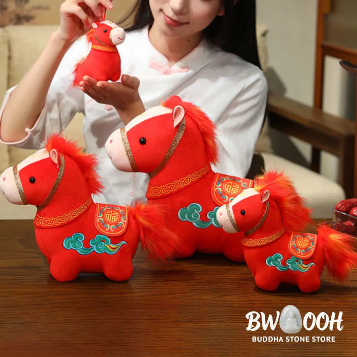 Buddha Stones Year Of The Horse Auspicious Cloud Pattern Stuffed Red Pony Plush Doll Home Decoration - Decorations
