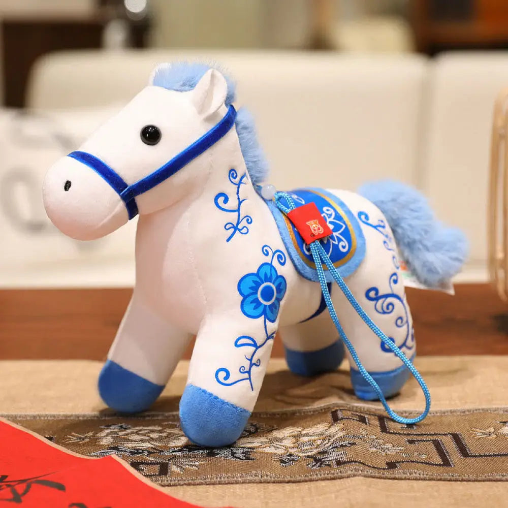 Buddha Stones Year of the Horse Bamboo Dragon Lotus Phoenix Plush Doll Home Decoration - Blue Flower Horse