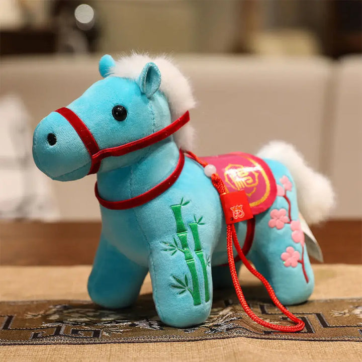 Buddha Stones Year of the Horse Bamboo Dragon Lotus Phoenix Plush Doll Home Decoration - Cyan Bamboo Horse