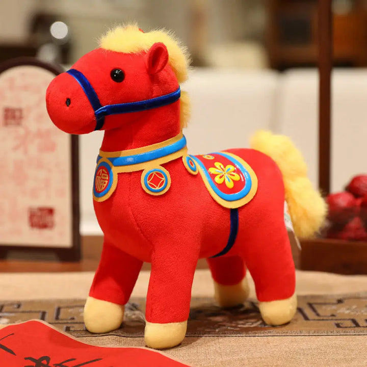 Buddha Stones Year of the Horse Bamboo Dragon Lotus Phoenix Plush Doll Home Decoration - Red Flower Horse / 14*6.5*11cm
