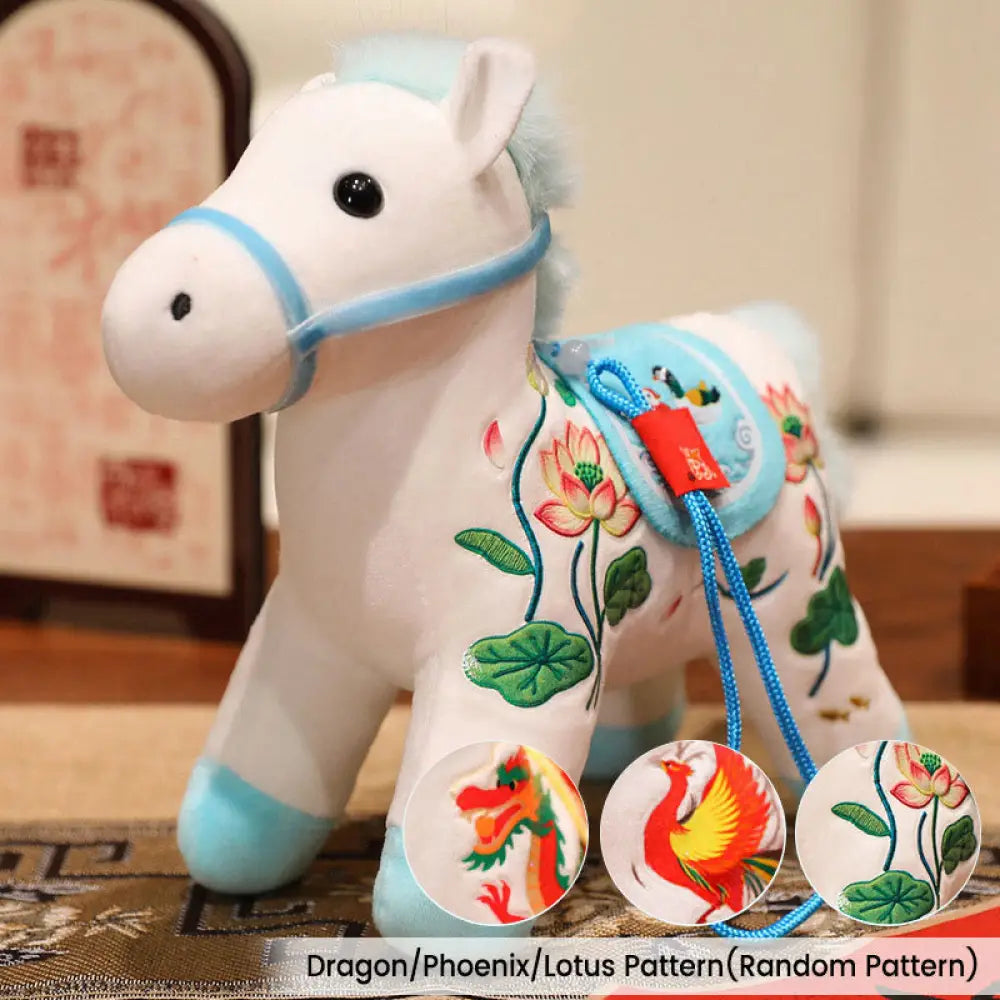 Buddha Stones Year of the Horse Bamboo Dragon Lotus Phoenix Plush Doll Home Decoration - White Blue