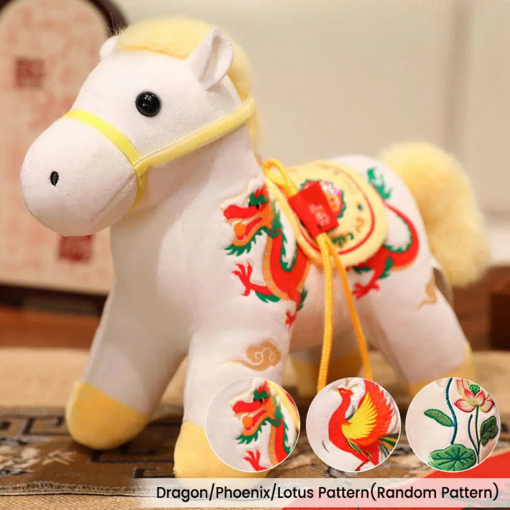 Buddha Stones Year of the Horse Bamboo Dragon Lotus Phoenix Plush Doll Home Decoration - White Yellow