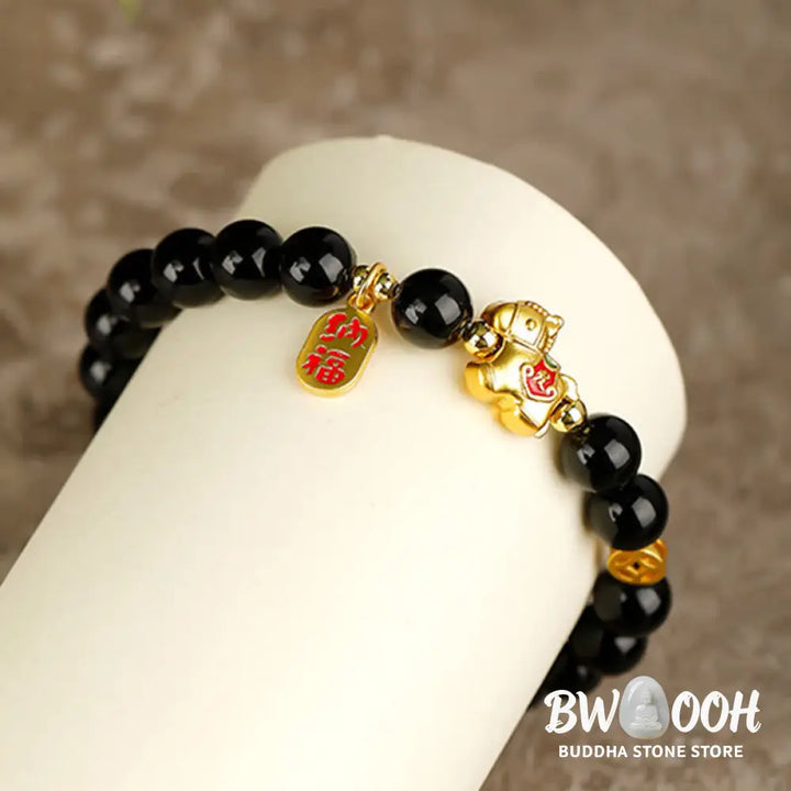 Buddha Stones Year Of The Horse Black Obsidian Strength Bracelet - Bracelet