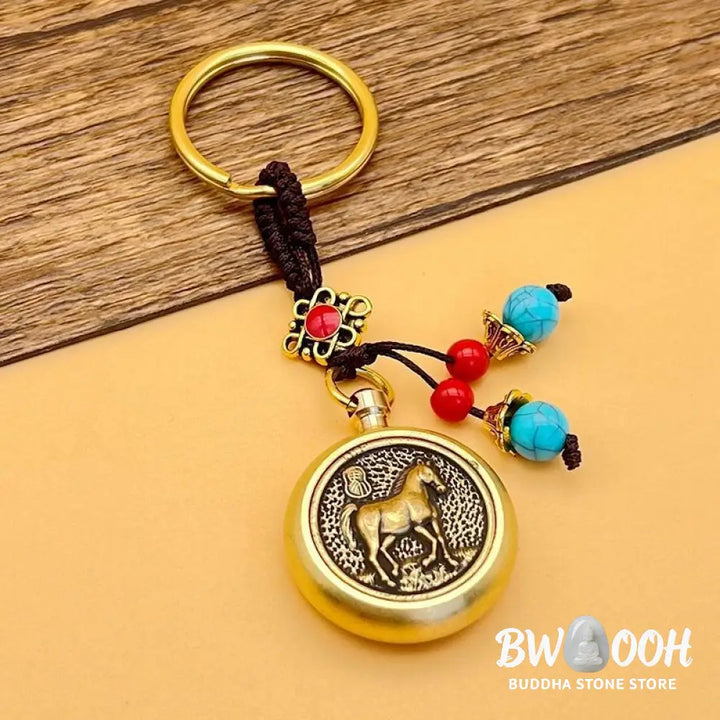 Buddha Stones Year of the Horse Bringing in Wealth and Treasure Brass Key Chain - Horse - Key Chain