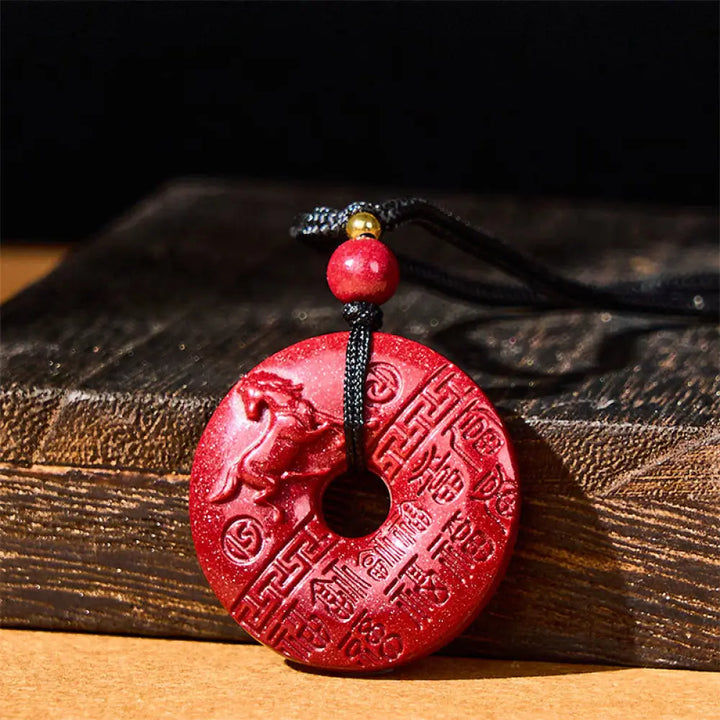 Buddha Stones Year Of The Horse Carved Fu Character Peace Buckle Design Cinnabar Blessing Auspicious Necklace Pendant