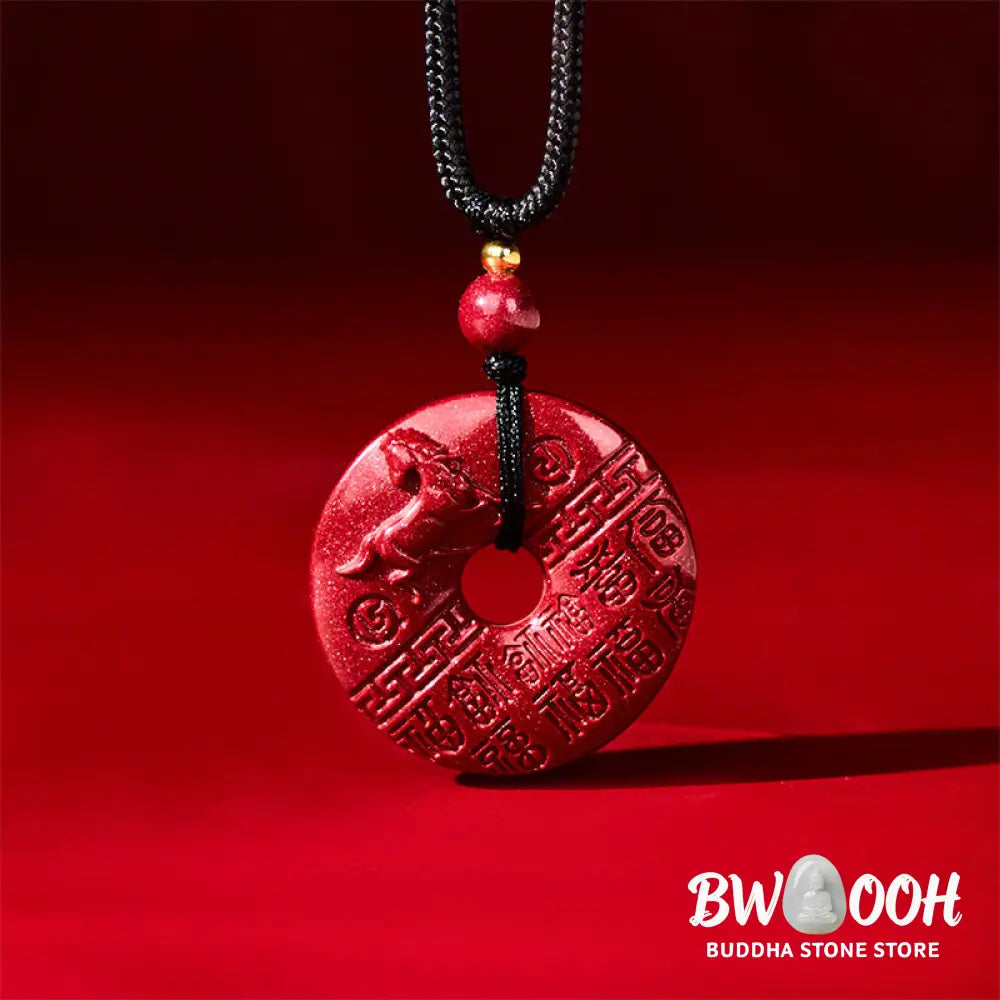 Buddha Stones Year Of The Horse Carved Fu Character Peace Buckle Design Cinnabar Blessing Auspicious Necklace Pendant