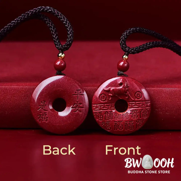 Buddha Stones Year Of The Horse Carved Fu Character Peace Buckle Design Cinnabar Blessing Auspicious Necklace Pendant