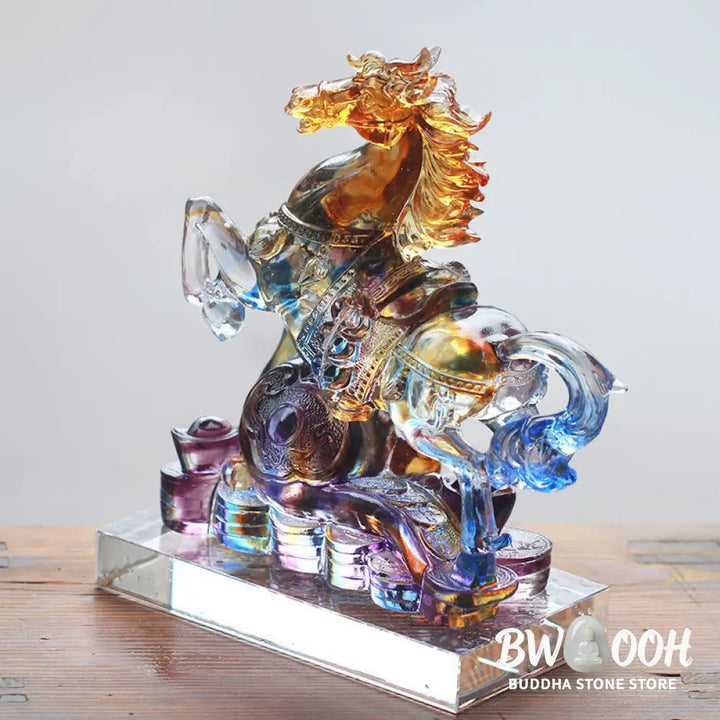 Buddha Stones Year Of The Horse Carved Ruyi Horse Liuli Crystal Art Piece Prosperity Home Office Decoration