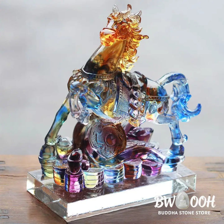 Buddha Stones Year Of The Horse Carved Ruyi Horse Liuli Crystal Art Piece Prosperity Home Office Decoration