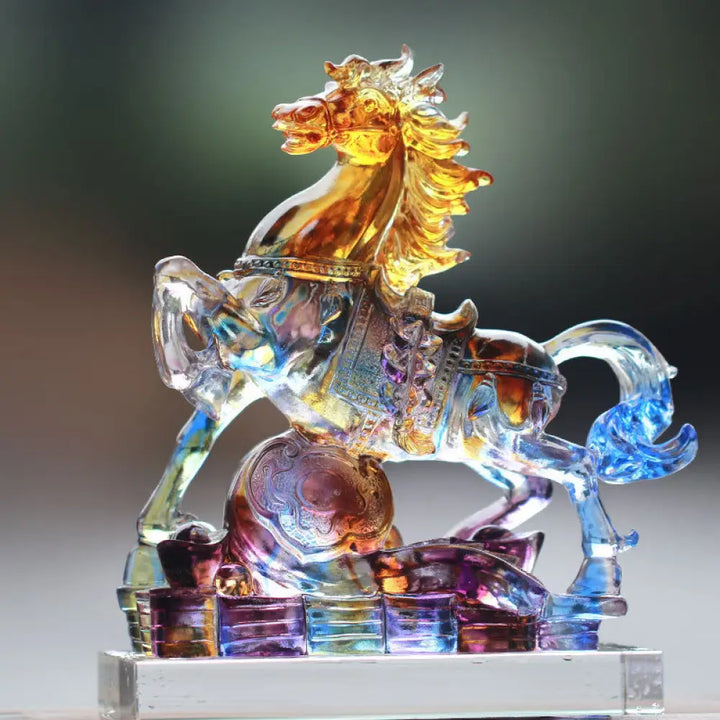 Buddha Stones Year Of The Horse Carved Ruyi Horse Liuli Crystal Art Piece Prosperity Home Office Decoration