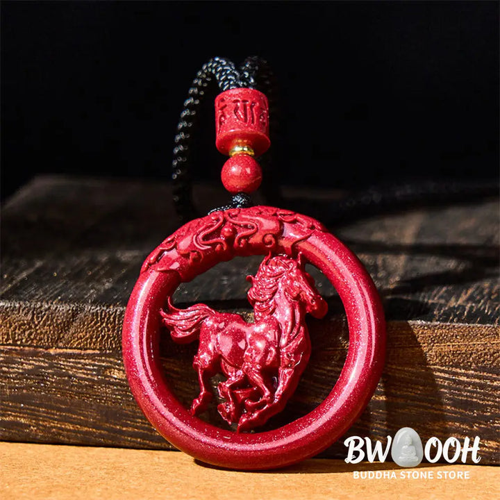 Buddha Stones Year Of The Horse Carving Peace Buckle Natural Cinnabar Concentration Necklace Pendant - BWOOOH - Horse