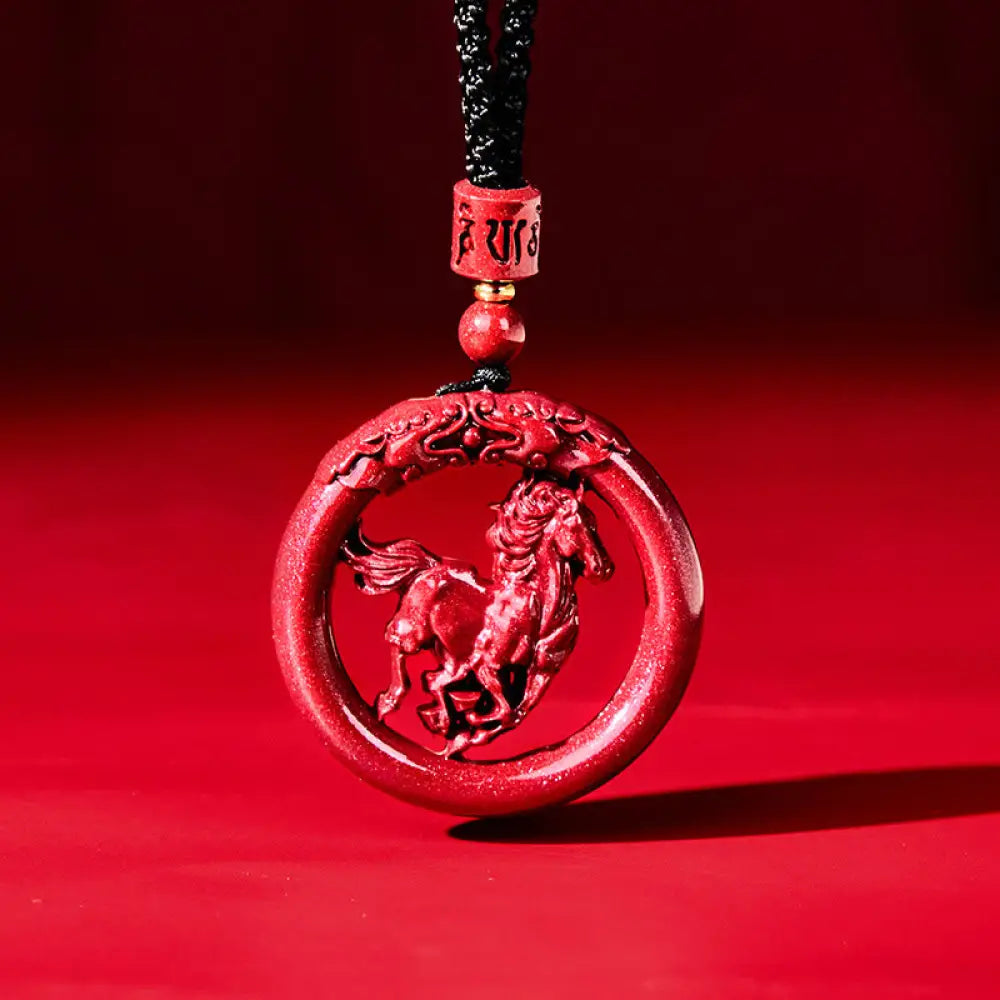 Buddha Stones Year Of The Horse Carving Peace Buckle Natural Cinnabar Concentration Necklace Pendant - BWOOOH - Horse