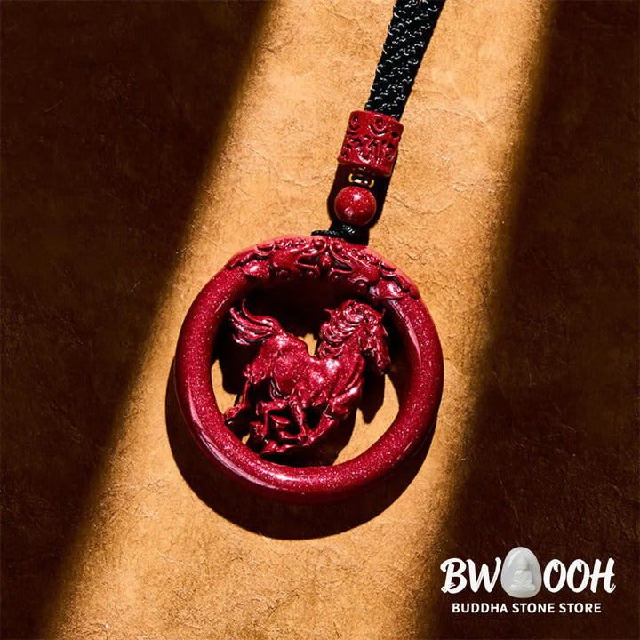 Buddha Stones Year Of The Horse Carving Peace Buckle Natural Cinnabar Concentration Necklace Pendant - BWOOOH - Horse