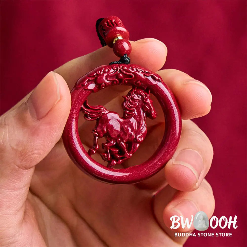 Buddha Stones Year Of The Horse Carving Peace Buckle Natural Cinnabar Concentration Necklace Pendant - BWOOOH - Horse