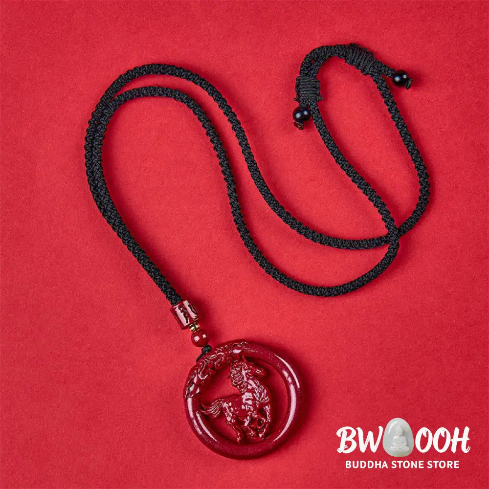 Buddha Stones Year Of The Horse Carving Peace Buckle Natural Cinnabar Concentration Necklace Pendant - BWOOOH - Horse