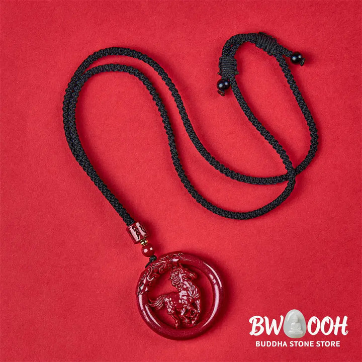 Buddha Stones Year Of The Horse Carving Peace Buckle Natural Cinnabar Concentration Necklace Pendant - BWOOOH - Horse