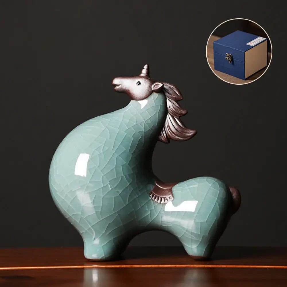 Buddha Stones Year Of The Horse Ceramics Freedom Desktop Home Decoration - Horse Looking Up Blue 10.5*5.5*10.5cm