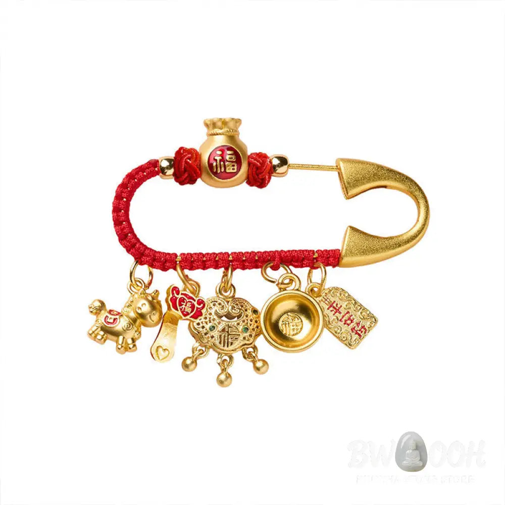 Buddha Stones Year Of The Horse Charm Fu Character Attract Fortune Ruyi Handle Brass Luck Brooch - Brooch
