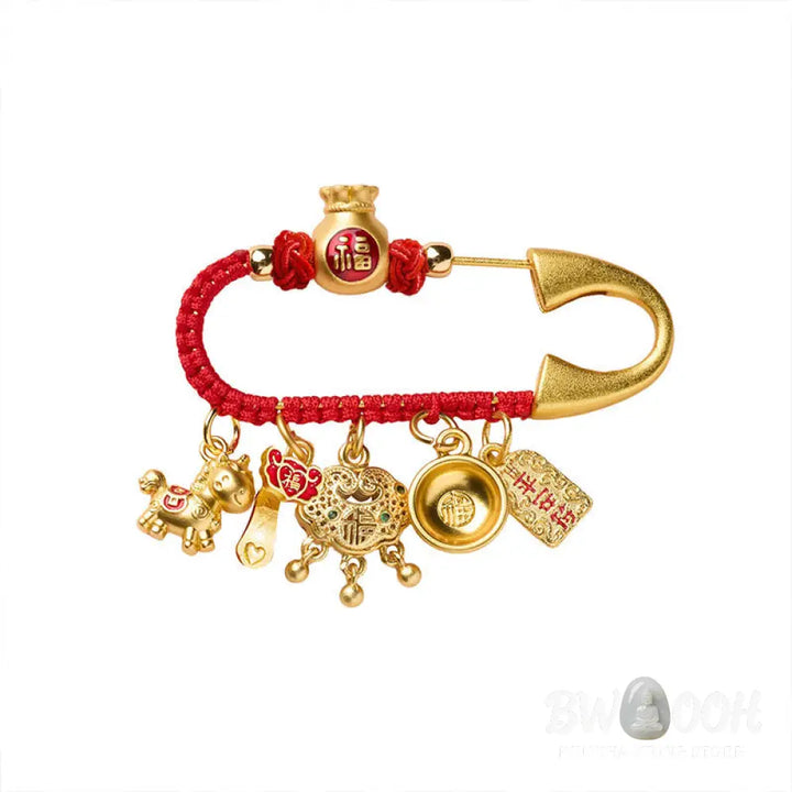 Buddha Stones Year Of The Horse Charm Fu Character Attract Fortune Ruyi Handle Brass Luck Brooch - Brooch