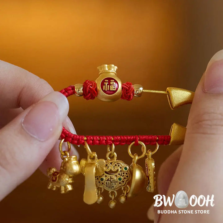 Buddha Stones Year Of The Horse Charm Fu Character Attract Fortune Ruyi Handle Brass Luck Brooch - Brooch
