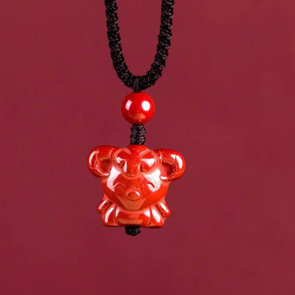 Buddha Stones Year Of The Horse Chinese Zodiac Engraved Design Cinnabar Blessing Rope Necklace Pendants - BWOOOH - Goat