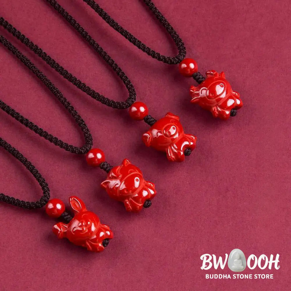 Buddha Stones Year Of The Horse Chinese Zodiac Engraved Design Cinnabar Blessing Rope Necklace Pendants - BWOOOH