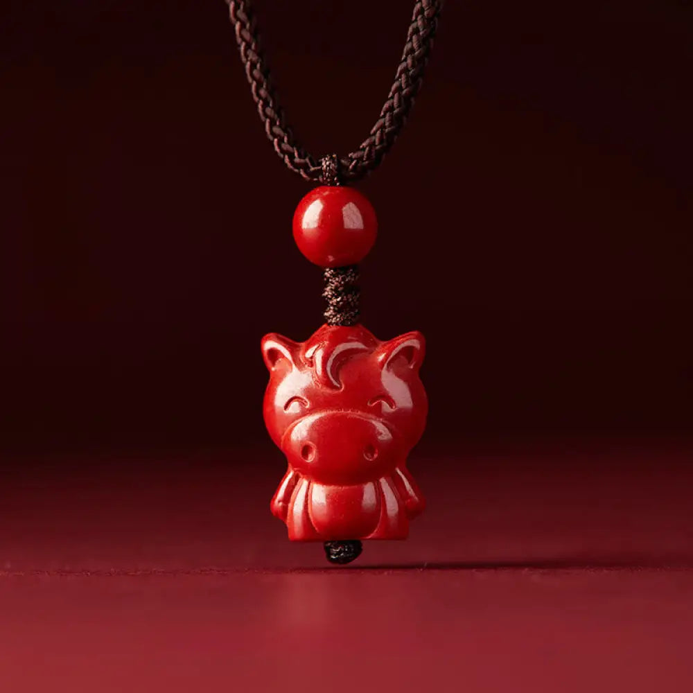 Buddha Stones Year Of The Horse Chinese Zodiac Engraved Design Cinnabar Blessing Rope Necklace Pendants - BWOOOH