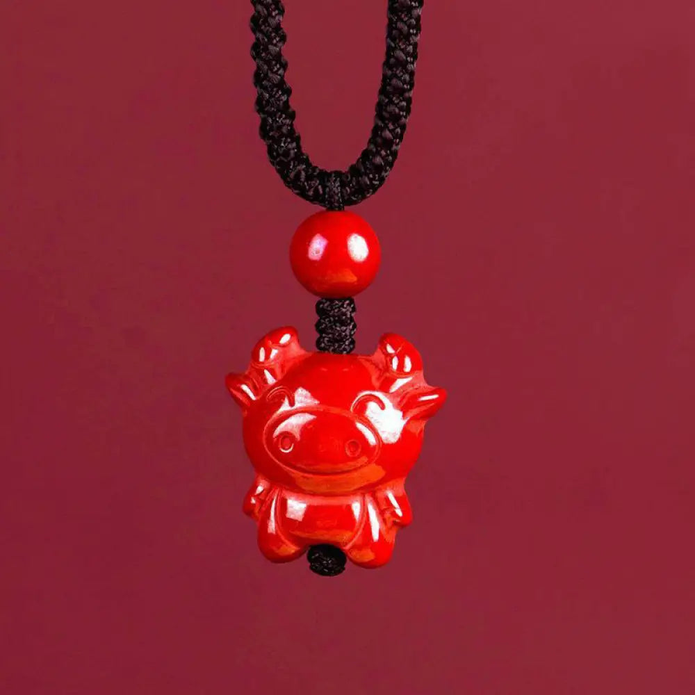 Buddha Stones Year Of The Horse Chinese Zodiac Engraved Design Cinnabar Blessing Rope Necklace Pendants - BWOOOH - Ox