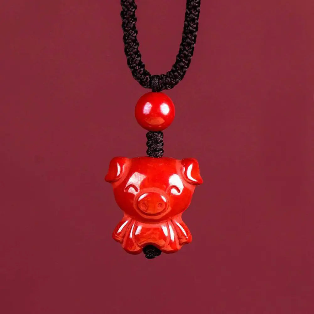 Buddha Stones Year Of The Horse Chinese Zodiac Engraved Design Cinnabar Blessing Rope Necklace Pendants - BWOOOH - Pig